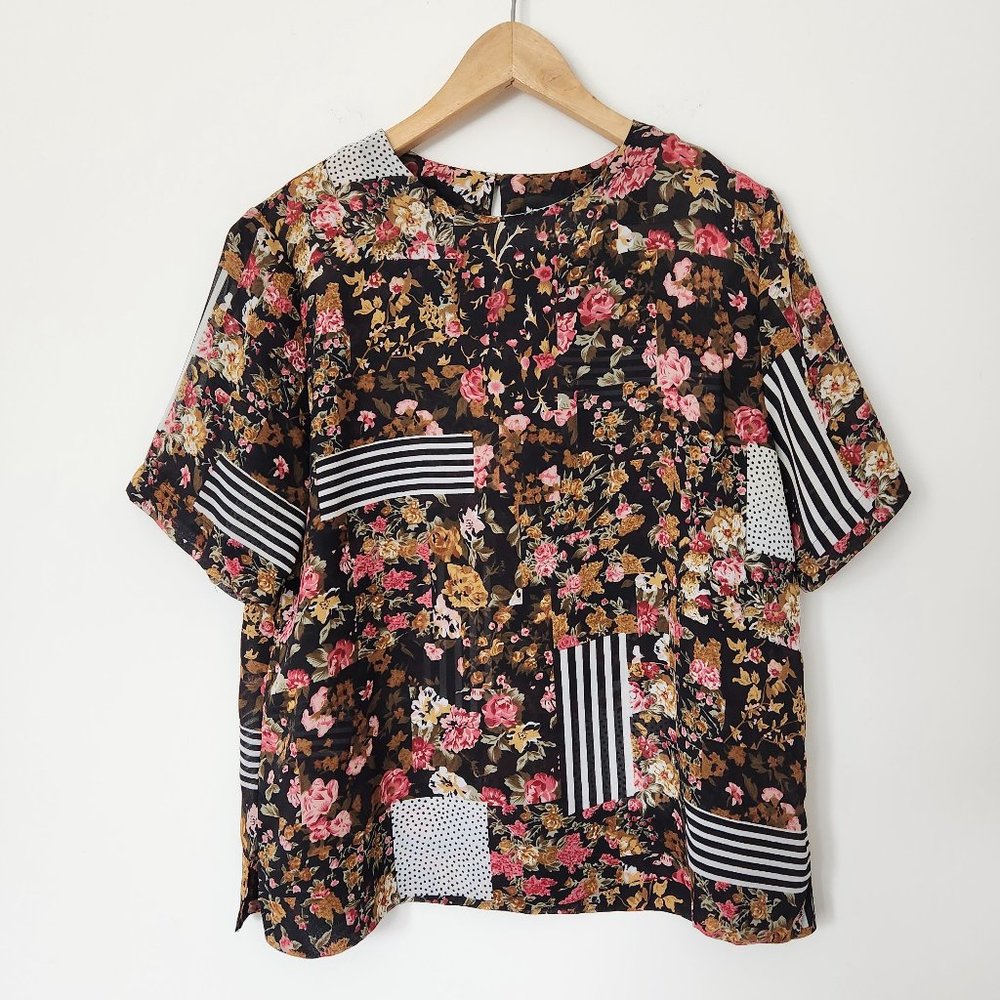 Vintage 90s Notations Black Floral Blouse Semi Sheer Stripes Short Sleeve Medium